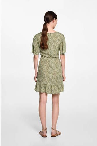 MANGO TEENS jurk groen Meisjes Viscose V-hals All over print 152(XXS)