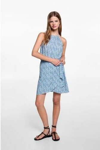 MANGO TEENS jurk met all over print blauw wit Meisjes Viscose Ronde hals 152(XXS)