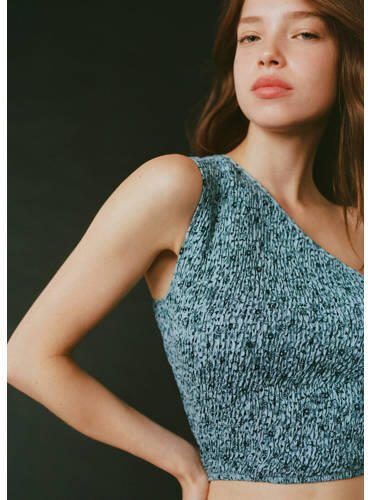 MANGO TEENS one shoulder crop top met all over print lichtblauw All over print 152(XXS) - Foto 2
