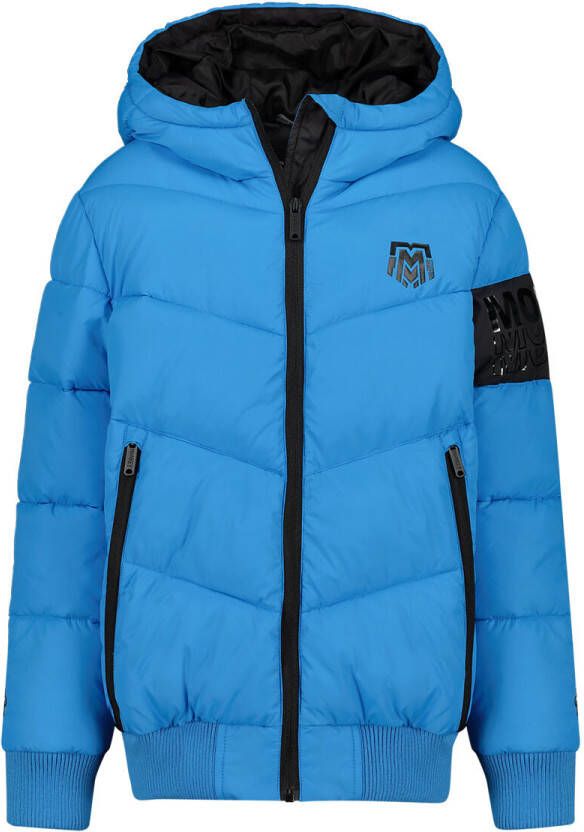 Me & My Monkey gewatteerde winterjas Kai met tekst helderblauw Jongens Polyester Capuchon 104