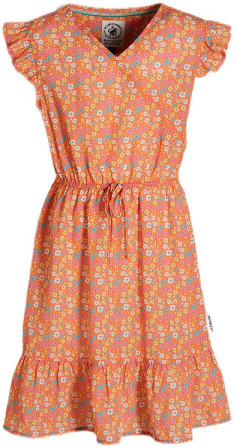 Me & My Monkey gebloemde jurk Marloe oranje blauw wit Meisjes Polyester V-hals 104