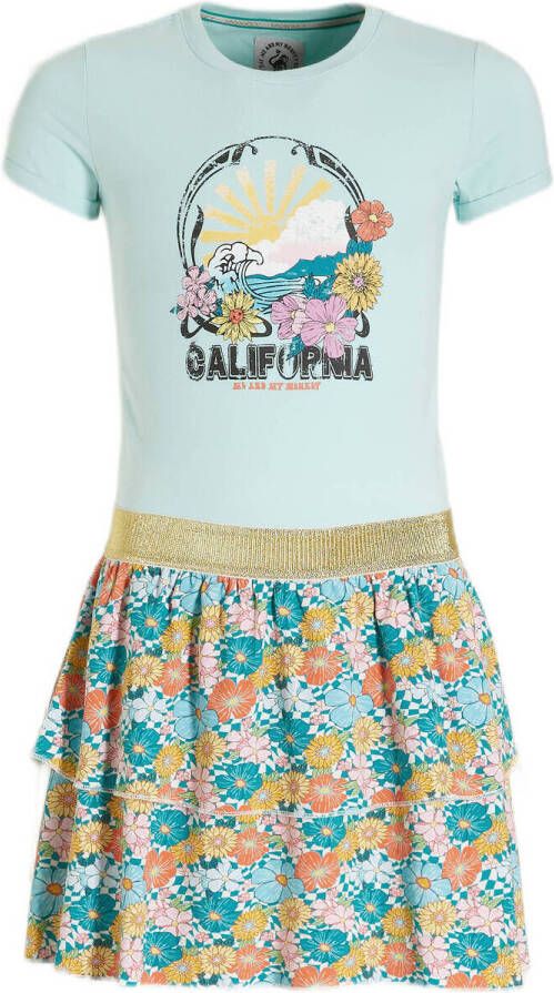 Me & My Monkey T-shirtjurk Maroeska met printopdruk lichtblauw oranje groen Meisjes Stretchkatoen Ronde hals 104