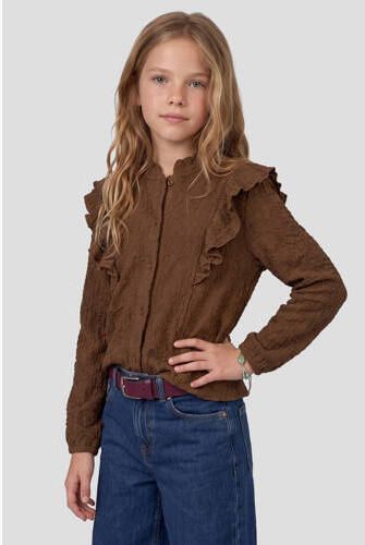 Me & My Monkey rechtvallende blouse met ruches donkerbruin Meisjes Stretchkatoen Opstaande kraag - Foto 3