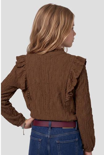Me & My Monkey rechtvallende blouse met ruches donkerbruin Meisjes Stretchkatoen Opstaande kraag - Foto 4