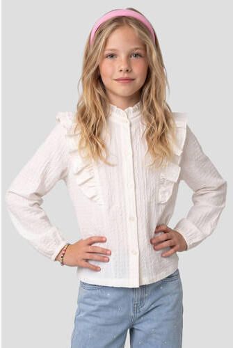 Me & My Monkey rechtvallende blouse met ruches ecru Meisjes Stretchkatoen Opstaande kraag - Foto 3