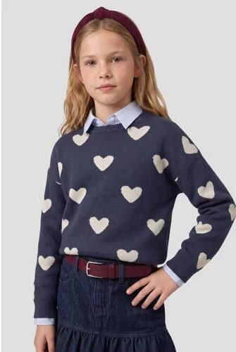 Me & My Monkey rechtvallende gebreide trui met hartjes donkerblauw Meisjes Viscose Ronde hals - Foto 3