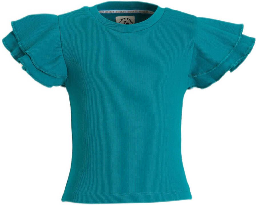 Me & My Monkey ribgebreide top Marilou met ruches groen Meisjes Stretchkatoen Ronde hals 104