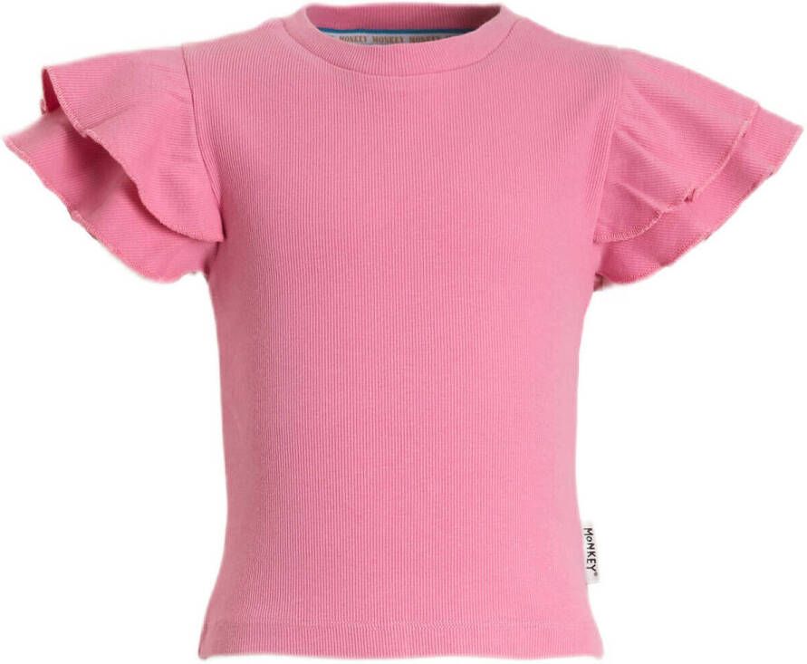 Me & My Monkey ribgebreide top Marilou met ruches roze Meisjes Stretchkatoen Ronde hals 104
