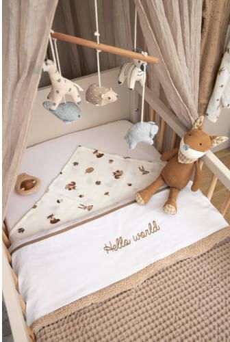 Meyco baby ledikantlaken Hello World taupe Babylaken Wit Tekst