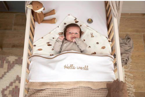 Meyco baby wieglaken 'Baby Hello World' taupe Babylaken Wit Tekst
