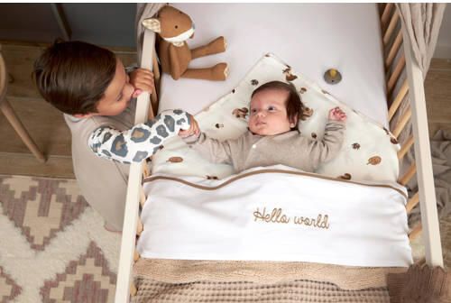 Meyco baby wieglaken 'Baby Hello World' taupe Babylaken Wit Tekst - Foto 4