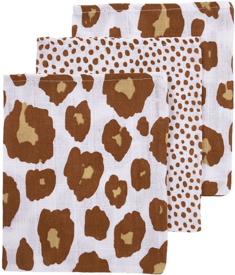 Meyco hydrofiel baby washandje set van 3 17x20 cm Panter-Cheetah camel Hydrofiele washandjes Bruin