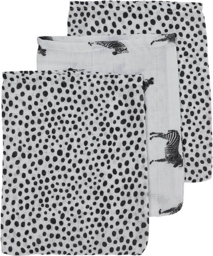 Meyco hydrofiel baby washandje set van 3 Zebra Cheetah 17x20 cm wit zwart Hydrofiele washandjes