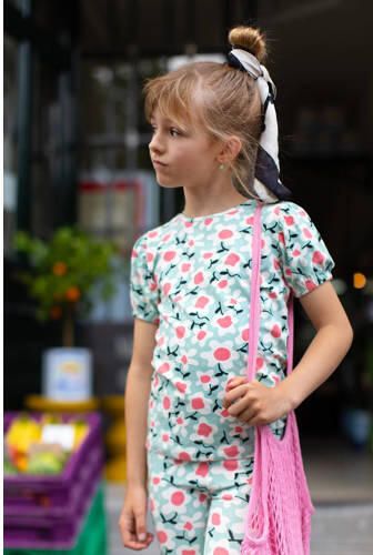 Moodstreet gebloemd T-shirt mintgroen roze offwhite Meisjes Stretchkatoen Ronde hals 110 116