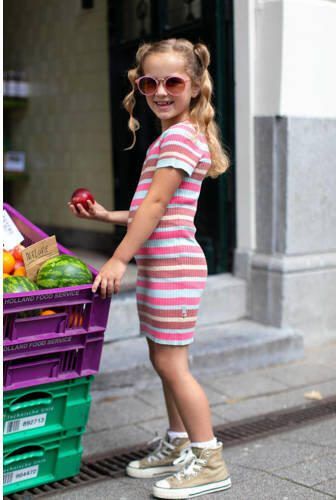 Moodstreet gestreepte jurk lichtblauw roze Meisjes Polyester Ronde hals 110 116