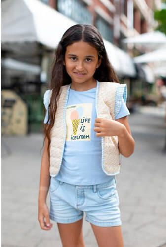 Moodstreet T-shirt met printopdruk lichtblauw Meisjes Stretchkatoen Ronde hals 122 128