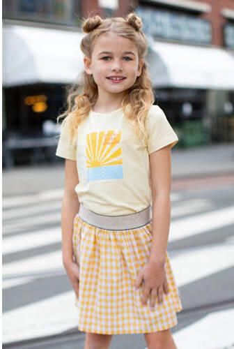 Moodstreet T-shirt met printopdruk lichtgeel Meisjes Katoen Ronde hals 110 116