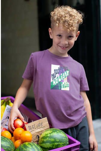Moodstreet T-shirt met printopdruk paars Jongens Katoen Ronde hals Printopdruk 134 140