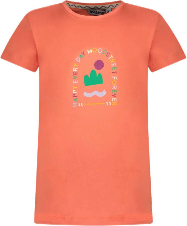Moodstreet T-shirt met printopdruk koraal Oranje Meisjes Stretchkatoen Ronde hals 122 128