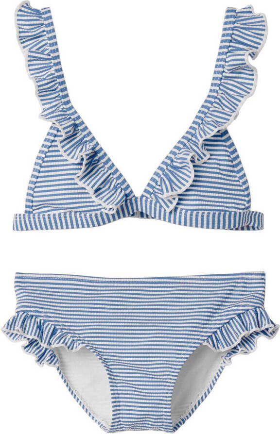 Name it KIDS gestreepte triangel bikini NKFZANNAH met ruches blauw wit Meisjes Polyester 122 128