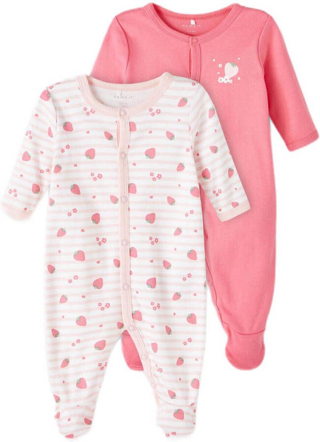 Name it BABY pyjama NBFNIGHTSUIT set van 2 roze wit Onesie Meisjes Biologisch katoen Ronde hals 62