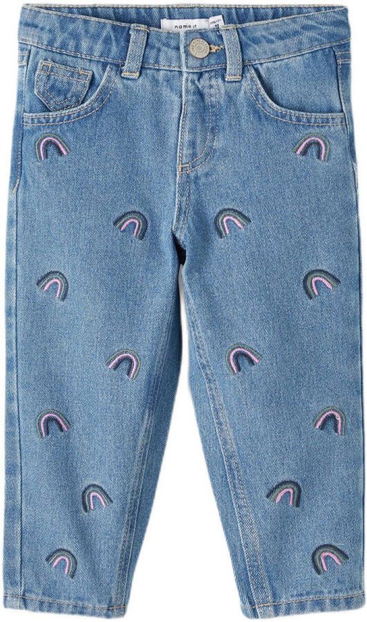 Name it MINI mom jeans met all over print medium blue denim Blauw Meisjes Stretchdenim 86