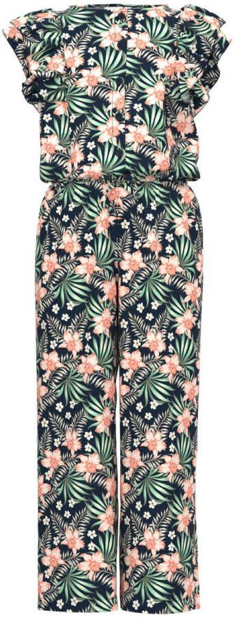 NAME IT KIDS gebloemde jumpsuit NKFVINAYA van gerecycled polyester donkerblauw groen zalm