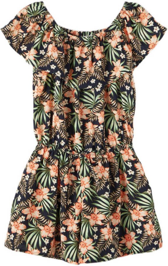 NAME IT KIDS gebloemde jumpsuit NKFVINAYA van gerecycled polyester donkerblauw zalm groen