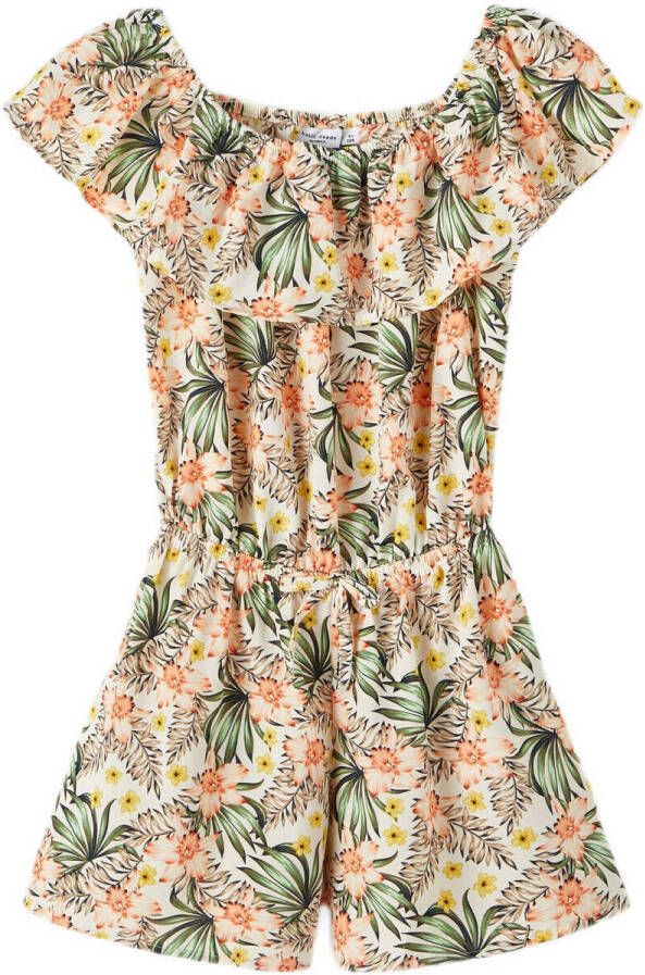 Name it KIDS gebloemde jumpsuit NKFVINAYA van gerecycled polyester ecru zalm groen Meisjes Gerecycled polyester (duurzaam) Boothals 128