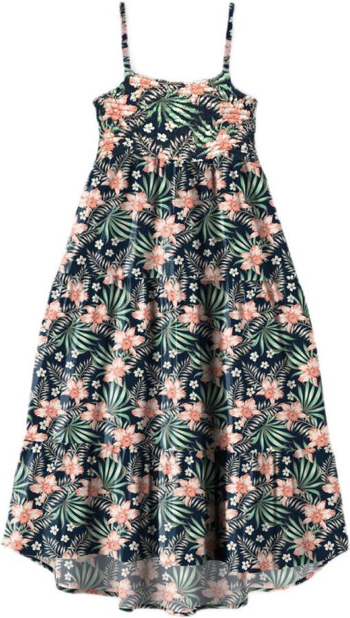 NAME IT KIDS gebloemde jurk NKFVINAYA van gerecycled polyester donkerblauw zalm groen