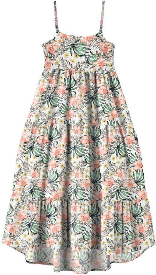 NAME IT KIDS gebloemde jurk NKFVINAYA van gerecycled polyester wit zalm groen