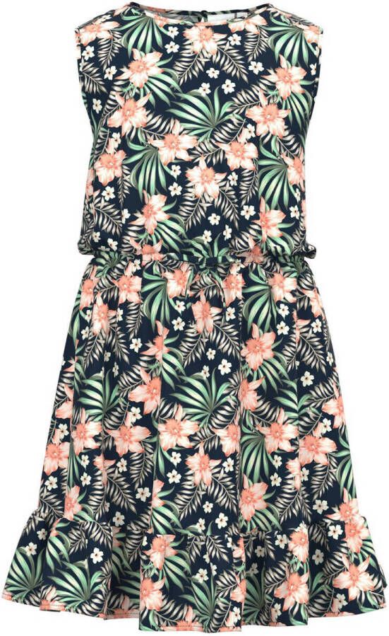 NAME IT KIDS gebloemde jurk NKFVINAYA van gerecycled polyester donkerblauw groen zalm