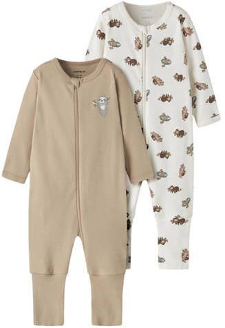 NAME IT BABY gebreide pyjama met print ecru meerkleurig Katoen Ronde hals