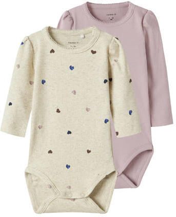 NAME IT BABY gebreide romper met hartjes set van 2 Beige Meisjes Stretchkatoen Ronde hals
