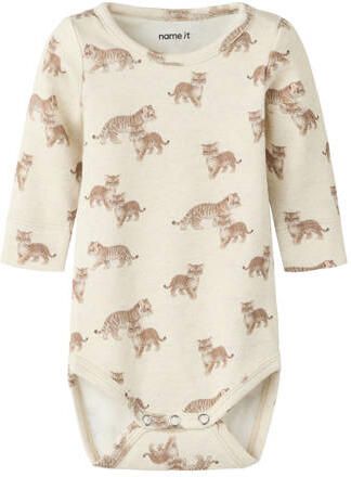 NAME IT BABY gebreide romper met print ecru beige Jongens Stretchkatoen Ronde hals