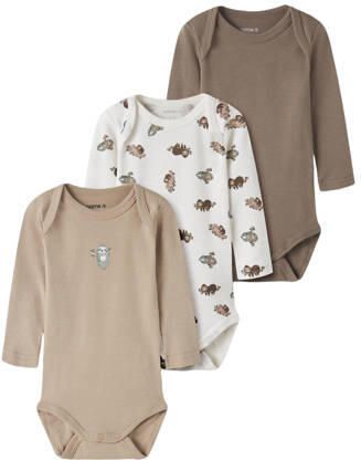 NAME IT BABY gebreide rompers met print (set van 3) Beige Katoen Ronde hals
