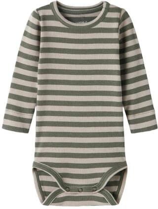 NAME IT BABY gestreepte romper olijfgroen Stretchkatoen Ronde hals