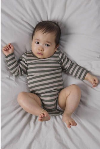 NAME IT BABY gestreepte romper olijfgroen Stretchkatoen Ronde hals - Foto 2