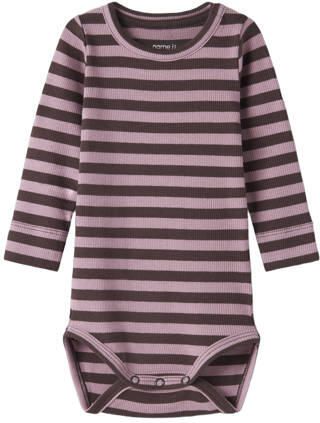 NAME IT BABY gestreepte romper paars Stretchkatoen Ronde hals