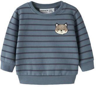 NAME IT BABY gestreepte sweater met borduursels blauw Printopdruk