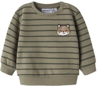 NAME IT BABY gestreepte sweater met borduursels groen Printopdruk