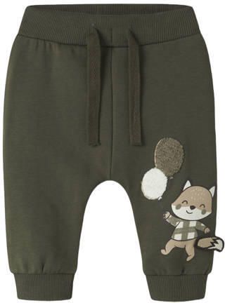 NAME IT BABY joggingbroek met borduursels en print olijfgroen Jongens Sweat