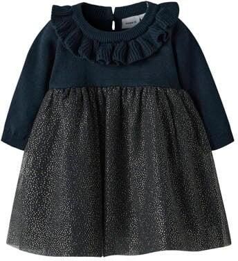 NAME IT BABY jurk met glitter donkerblauw Meisjes Katoen Ronde hals Effen