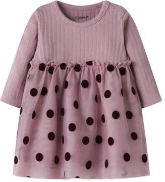 NAME IT BABY katoenen A-lijn jurk met ruches en stippen lila Paars Meisjes Stretchkatoen Ronde hals