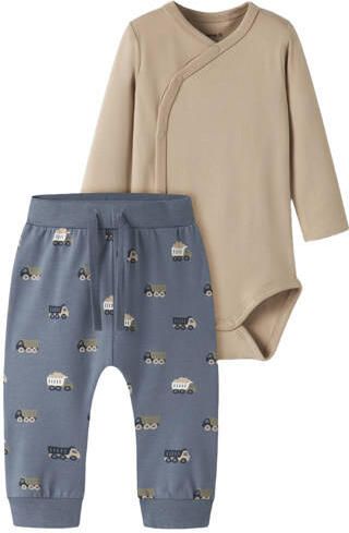 NAME IT BABY katoenen broek romper set met print lichtbruin Jongens Stretchkatoen Ronde hals