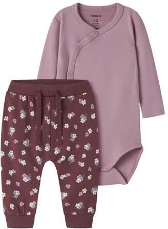 NAME IT BABY katoenen gebloemde broek en romper set paars Meisjes Stretchkatoen Ronde hals