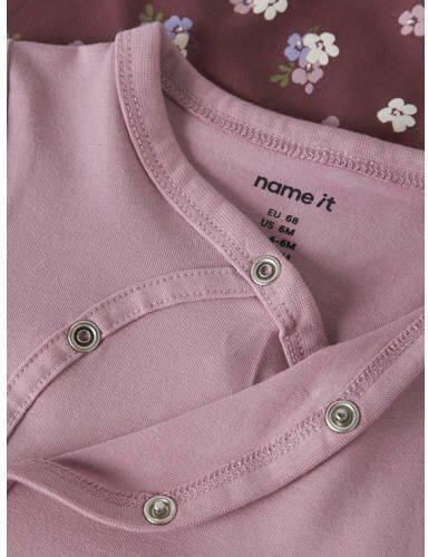 NAME IT BABY katoenen gebloemde broek en romper set paars Meisjes Stretchkatoen Ronde hals - Foto 2