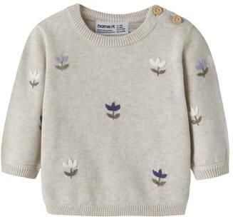 NAME IT BABY katoenen gebloemde gebreide trui met borduursels grijs Bloemen