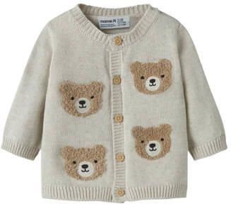NAME IT BABY katoenen gebreid vest met borduursels en print beige Printopdruk