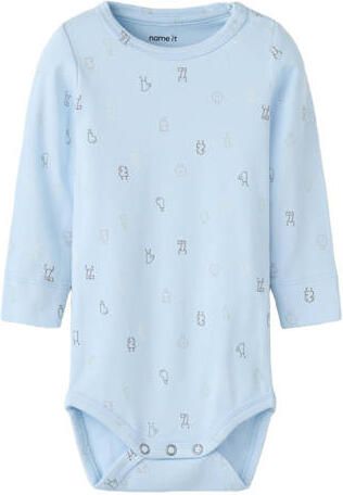 NAME IT BABY katoenen gebreide romper met print lichtblauw All over print